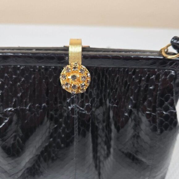 Vintage 60s Marlene Gaines Black Eel Leather Purse Gold Clasp Shoulder Strap - Picture 2 of 10